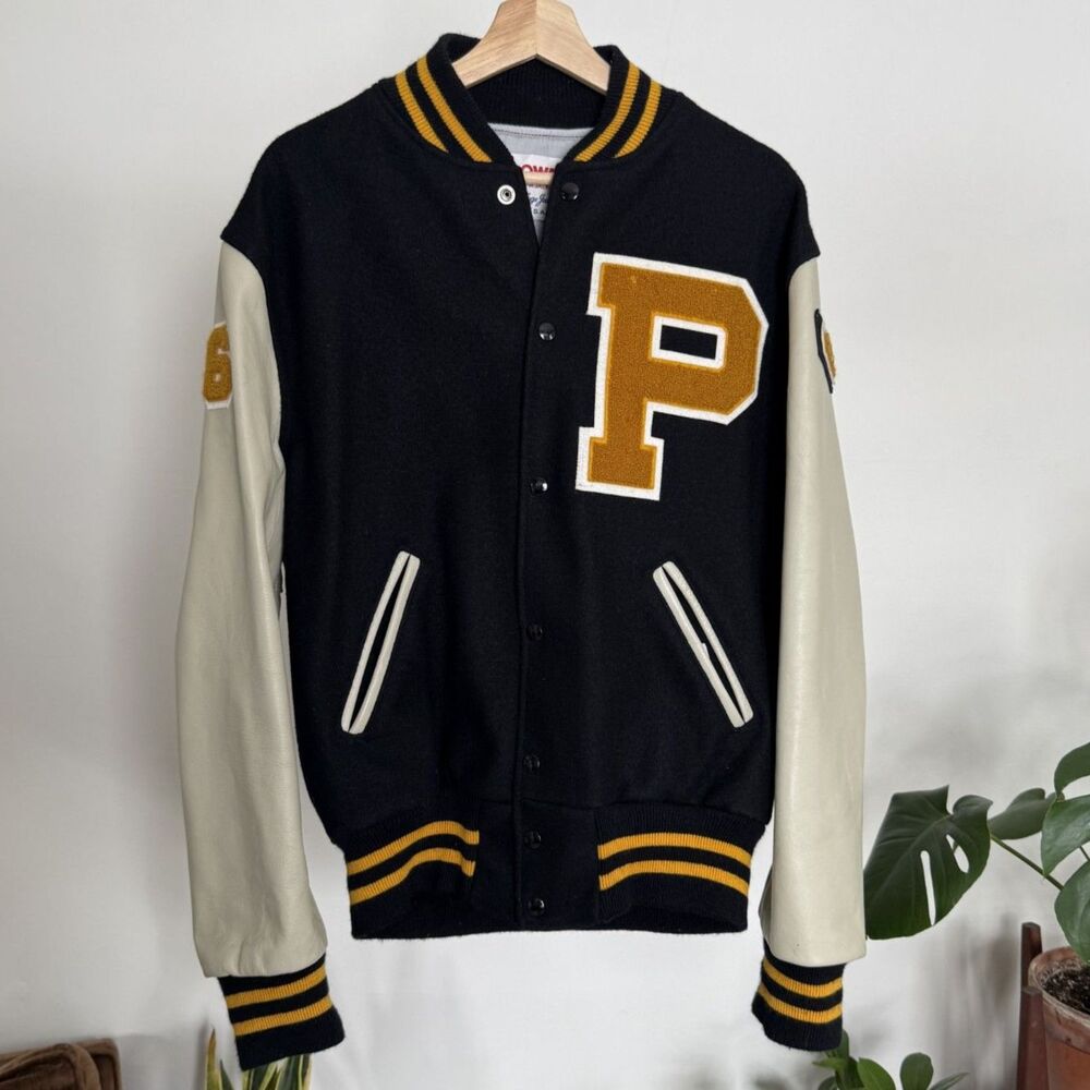 Vintage 80s Purdue Holloway Varsity Letterman Wool Leather Jacket Black Gold USA